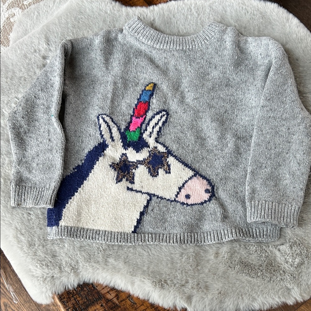 Mini Boden Gray Sweater with Colorful Unicorn Design